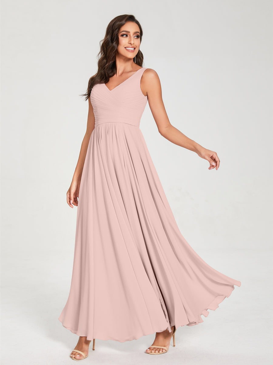 Ligne A/Princesse Mousseline Col en V Sans Manches La Longueur du Sol Bridemaid Robes avec Plis