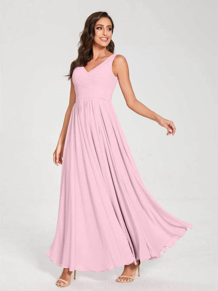 Ligne A/Princesse Mousseline Col en V Sans Manches La Longueur du Sol Bridemaid Robes avec Plis