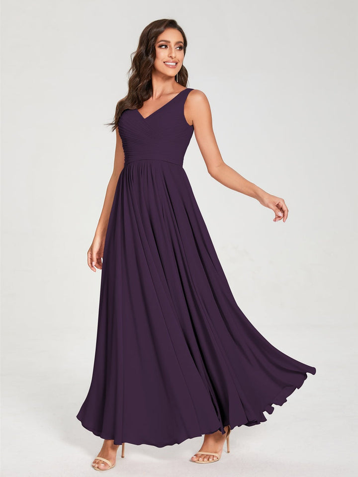 Ligne A/Princesse Mousseline Col en V Sans Manches La Longueur du Sol Bridemaid Robes avec Plis