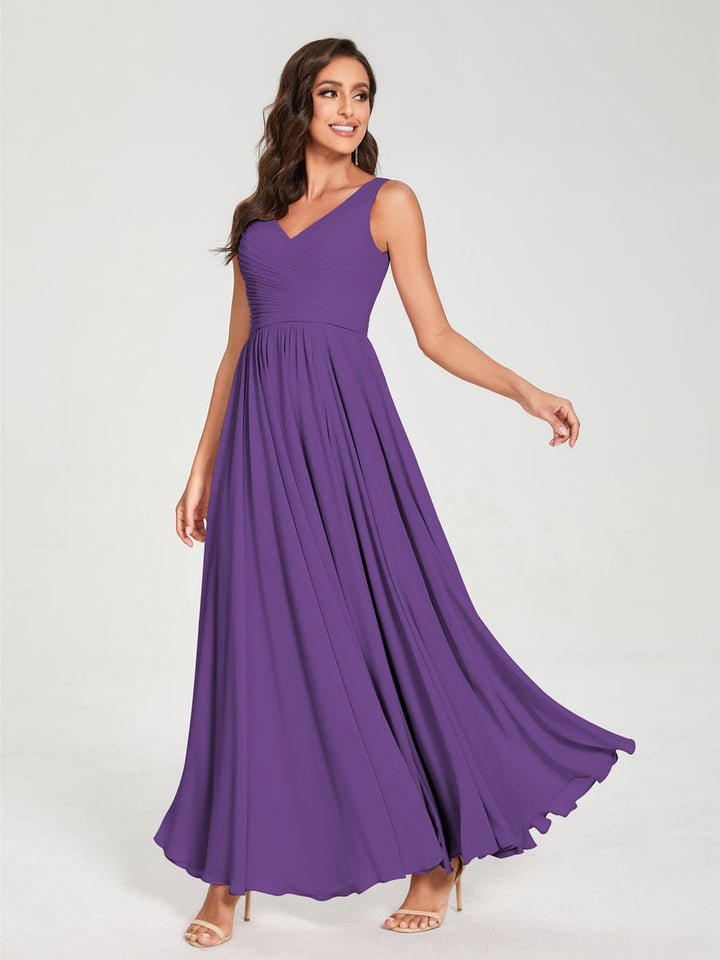Ligne A/Princesse Mousseline Col en V Sans Manches La Longueur du Sol Bridemaid Robes avec Plis