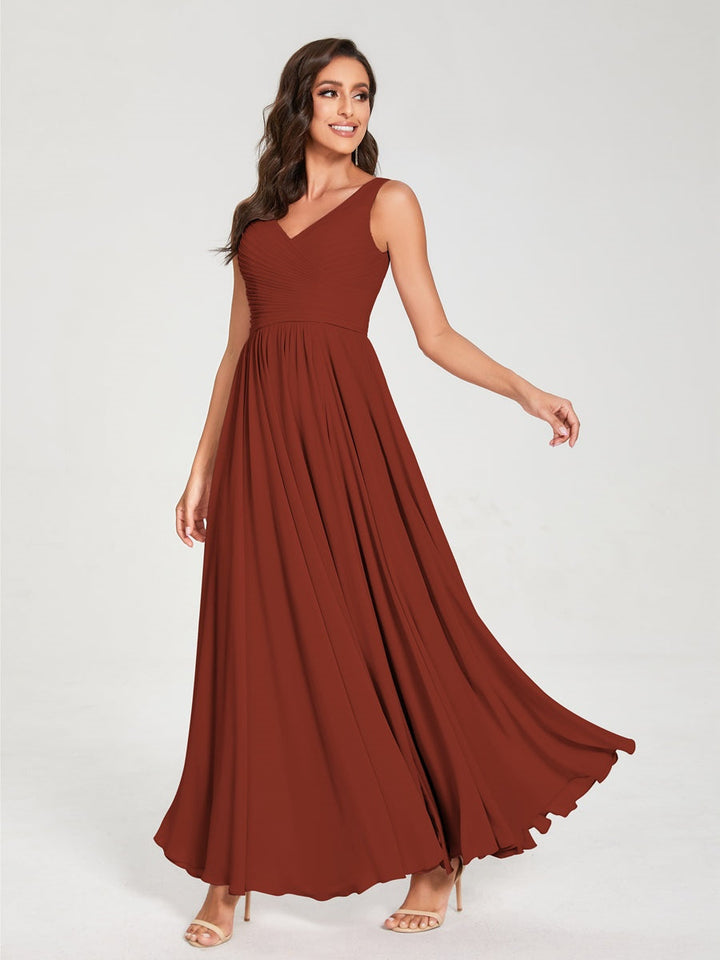 Ligne A/Princesse Mousseline Col en V Sans Manches La Longueur du Sol Bridemaid Robes avec Plis