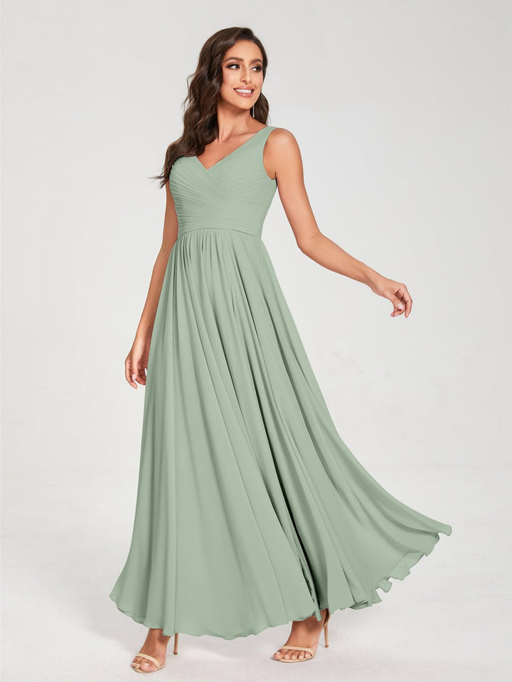Ligne A/Princesse Mousseline Col en V Sans Manches La Longueur du Sol Bridemaid Robes avec Plis