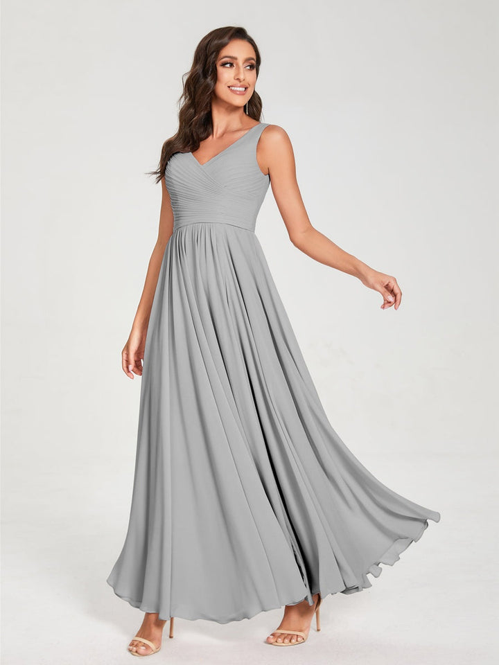 Ligne A/Princesse Mousseline Col en V Sans Manches La Longueur du Sol Bridemaid Robes avec Plis