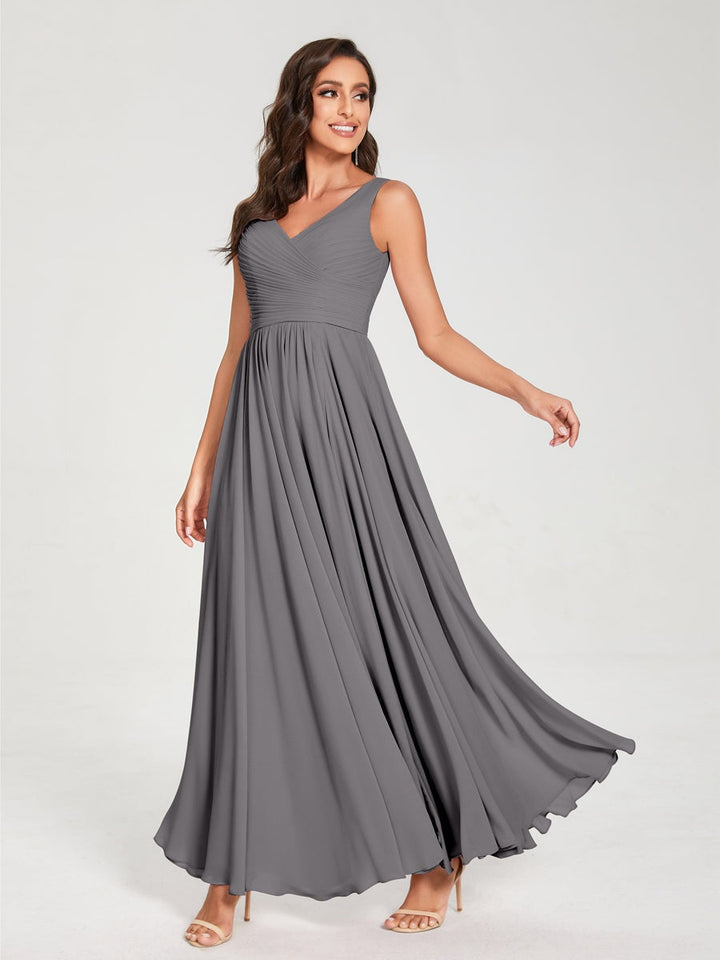 Ligne A/Princesse Mousseline Col en V Sans Manches La Longueur du Sol Bridemaid Robes avec Plis