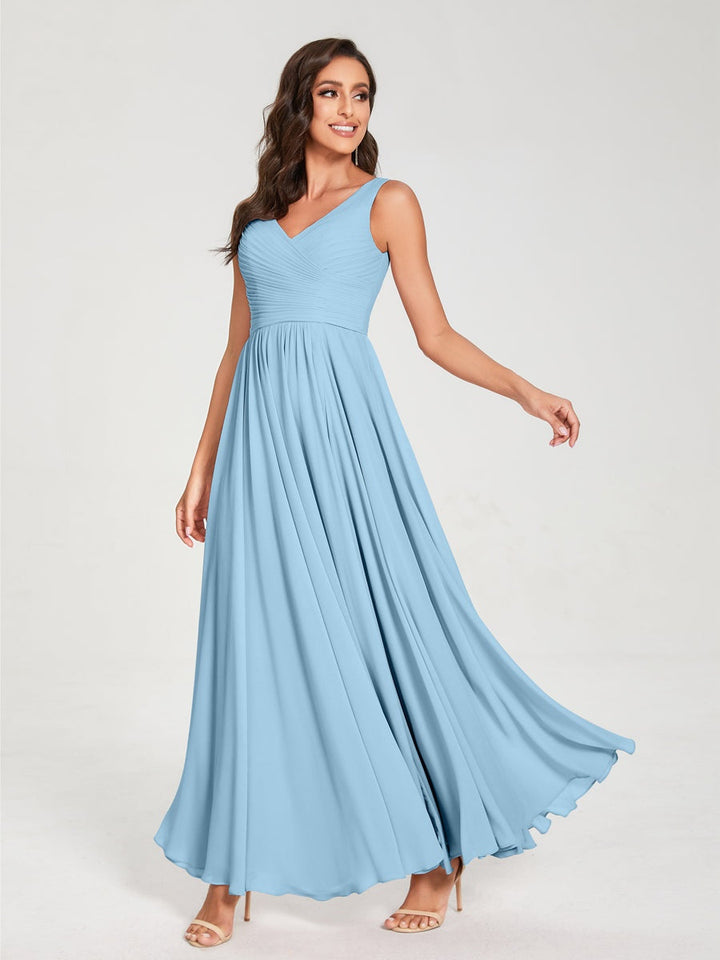 Ligne A/Princesse Mousseline Col en V Sans Manches La Longueur du Sol Bridemaid Robes avec Plis
