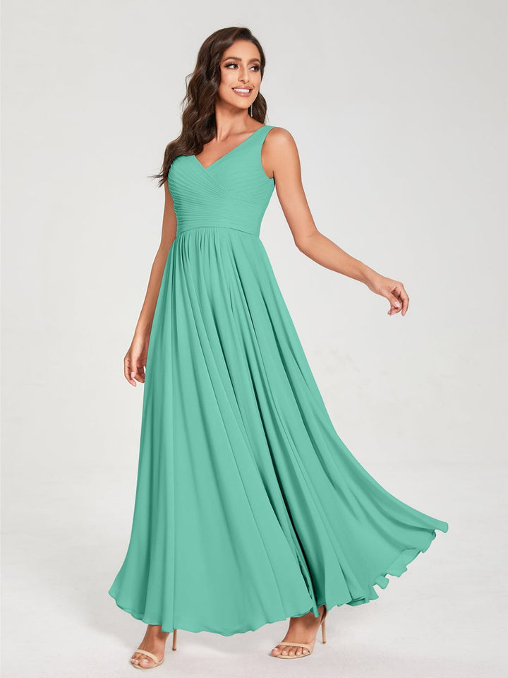 Ligne A/Princesse Mousseline Col en V Sans Manches La Longueur du Sol Bridemaid Robes avec Plis
