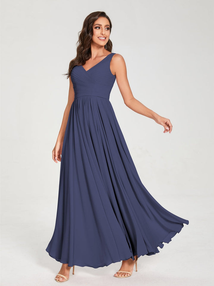 Ligne A/Princesse Mousseline Col en V Sans Manches La Longueur du Sol Bridemaid Robes avec Plis
