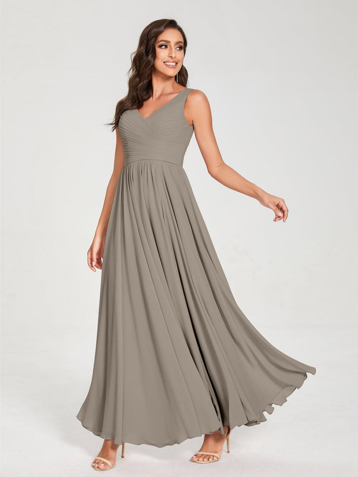Ligne A/Princesse Mousseline Col en V Sans Manches La Longueur du Sol Bridemaid Robes avec Plis