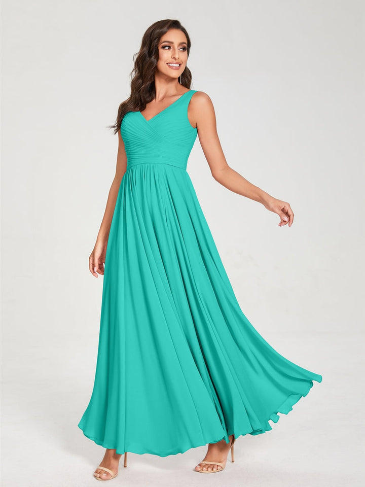 Ligne A/Princesse Mousseline Col en V Sans Manches La Longueur du Sol Bridemaid Robes avec Plis