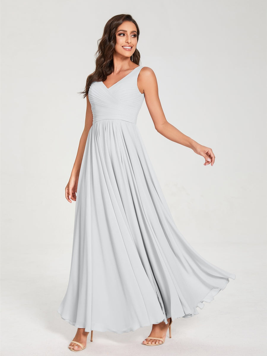 Ligne A/Princesse Mousseline Col en V Sans Manches La Longueur du Sol Bridemaid Robes avec Plis