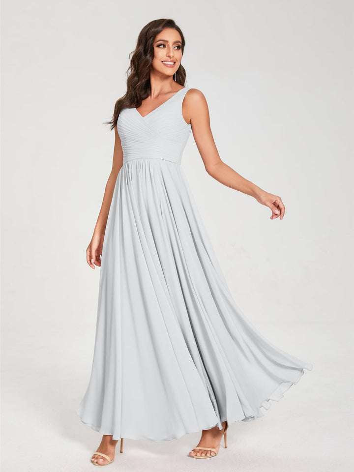 Ligne A/Princesse Mousseline Col en V Sans Manches La Longueur du Sol Bridemaid Robes avec Plis
