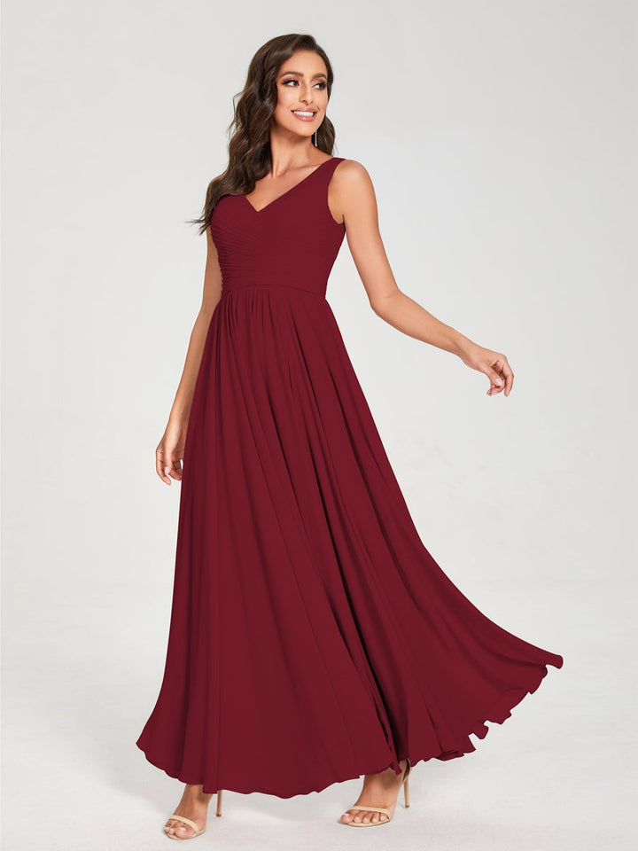 Ligne A/Princesse Mousseline Col en V Sans Manches La Longueur du Sol Bridemaid Robes avec Plis