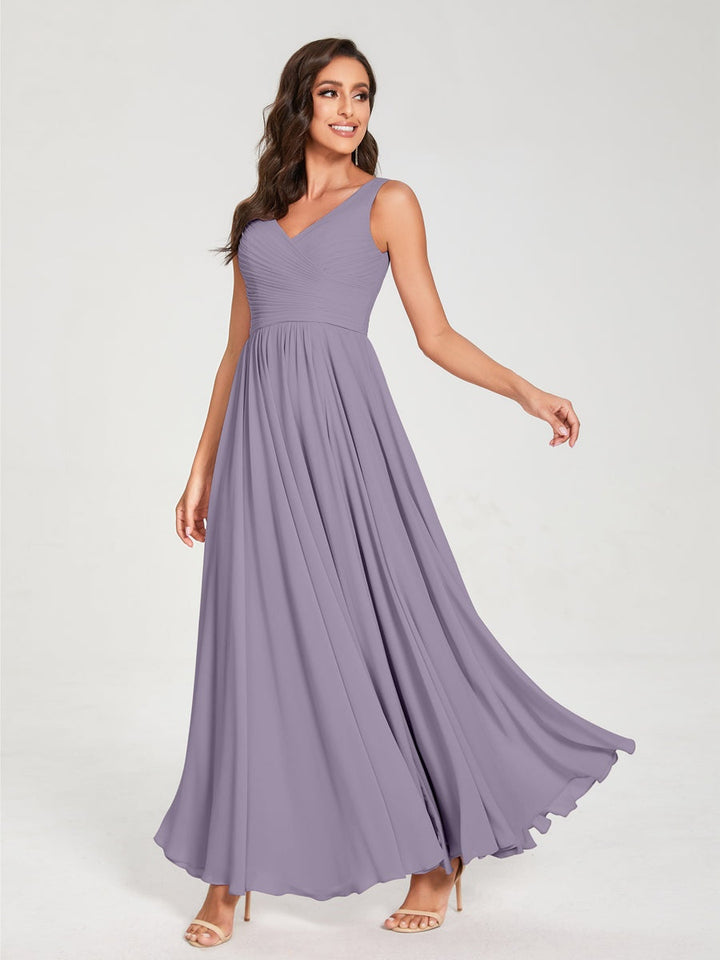 Ligne A/Princesse Mousseline Col en V Sans Manches La Longueur du Sol Bridemaid Robes avec Plis