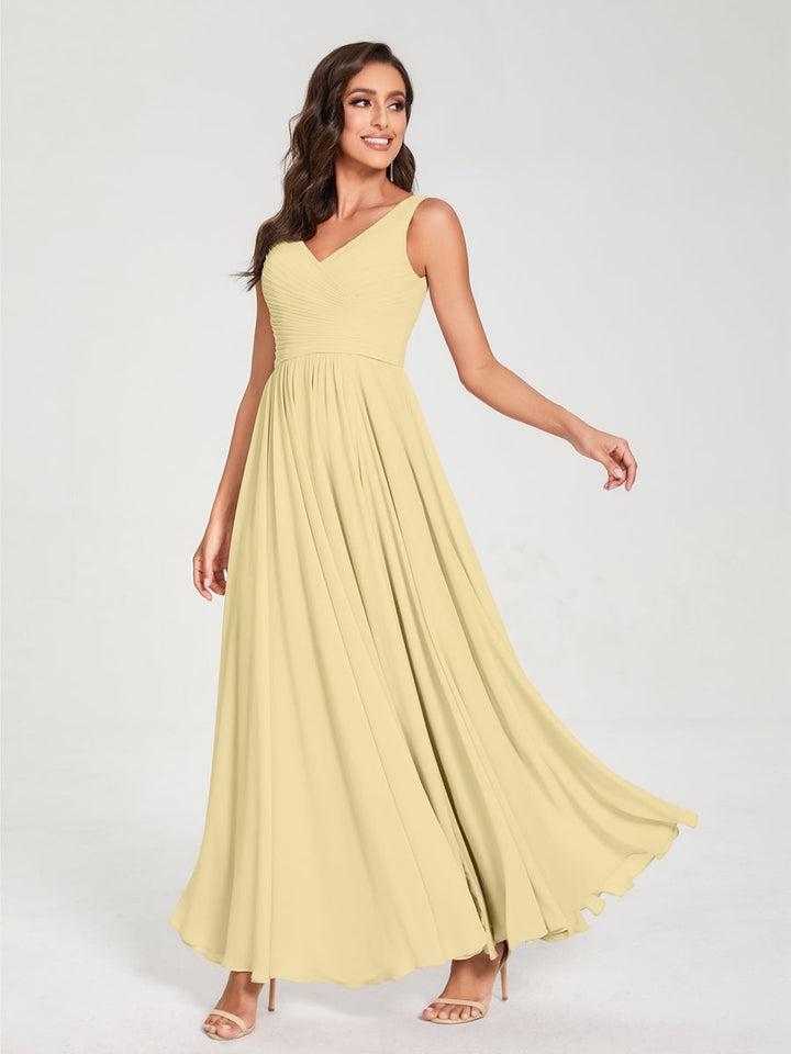 Ligne A/Princesse Mousseline Col en V Sans Manches La Longueur du Sol Bridemaid Robes avec Plis