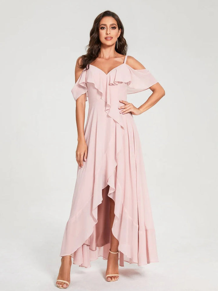 Ligne A/Princesse Bretelles Spaghetti Col en V Manches Courtes Asymétrique Bridemaid Robes avec Froufrous
