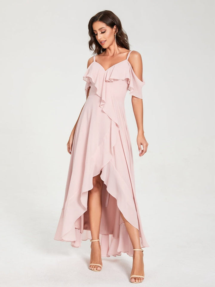 Ligne A/Princesse Bretelles Spaghetti Col en V Manches Courtes Asymétrique Bridemaid Robes avec Froufrous
