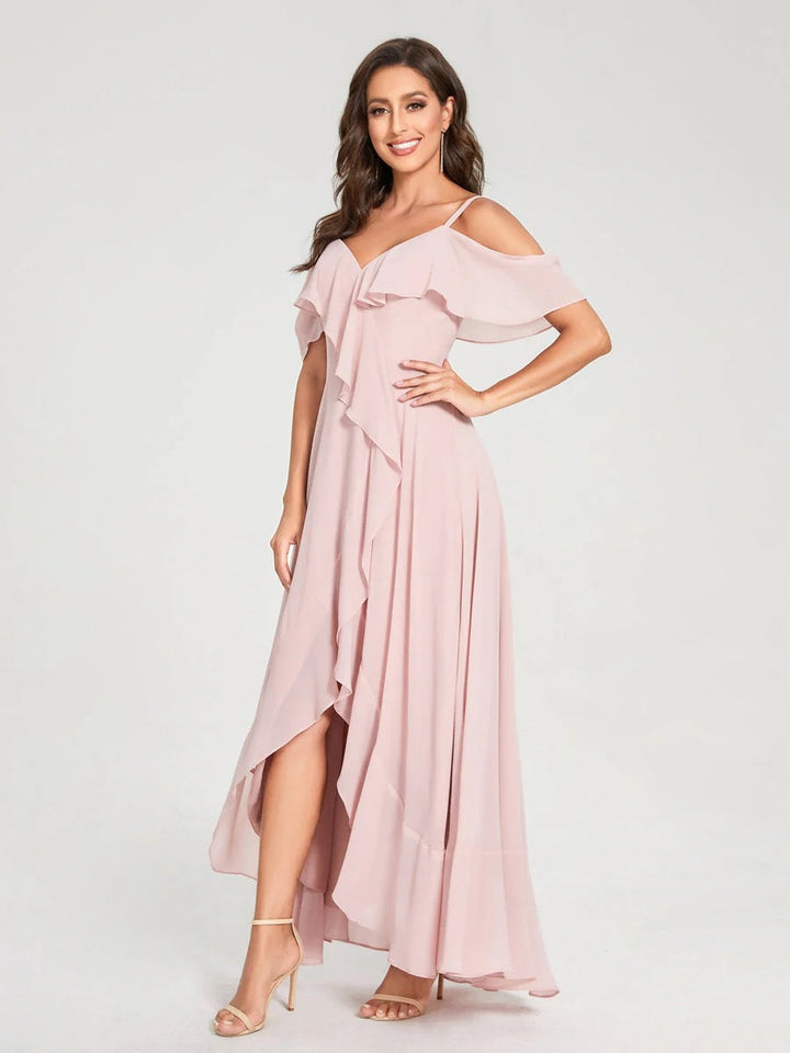 Ligne A/Princesse Bretelles Spaghetti Col en V Manches Courtes Asymétrique Bridemaid Robes avec Froufrous