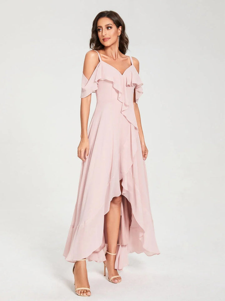 Ligne A/Princesse Bretelles Spaghetti Col en V Manches Courtes Asymétrique Bridemaid Robes avec Froufrous