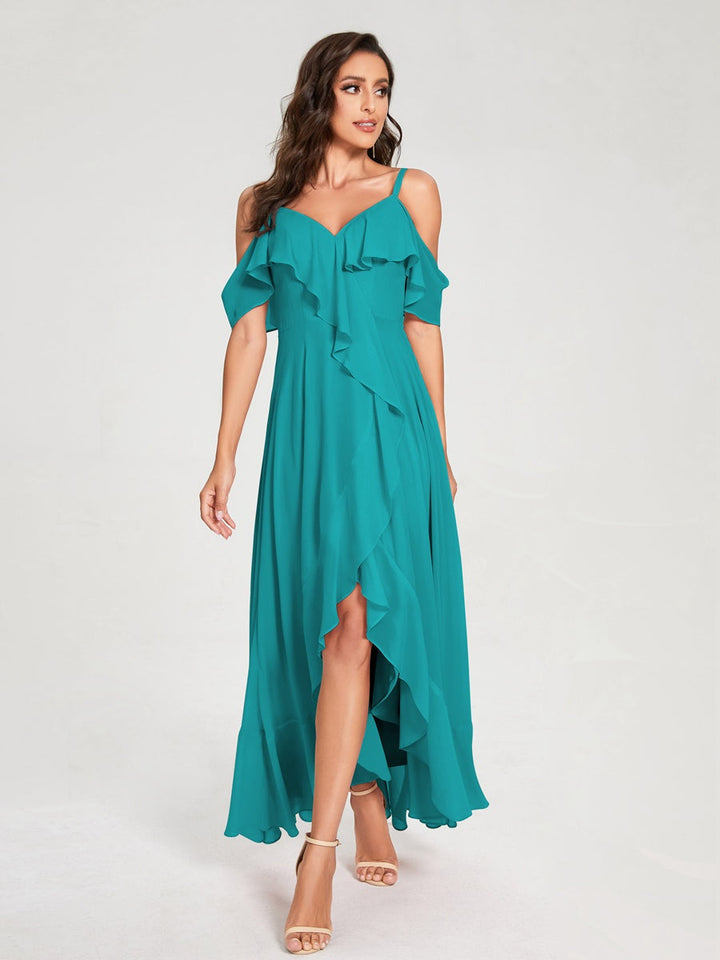 Ligne A/Princesse Bretelles Spaghetti Col en V Manches Courtes Asymétrique Bridemaid Robes avec Froufrous