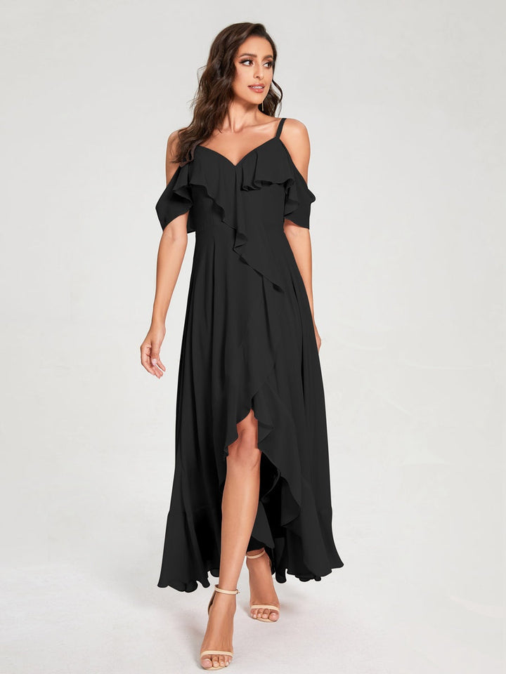 Ligne A/Princesse Bretelles Spaghetti Col en V Manches Courtes Asymétrique Bridemaid Robes avec Froufrous