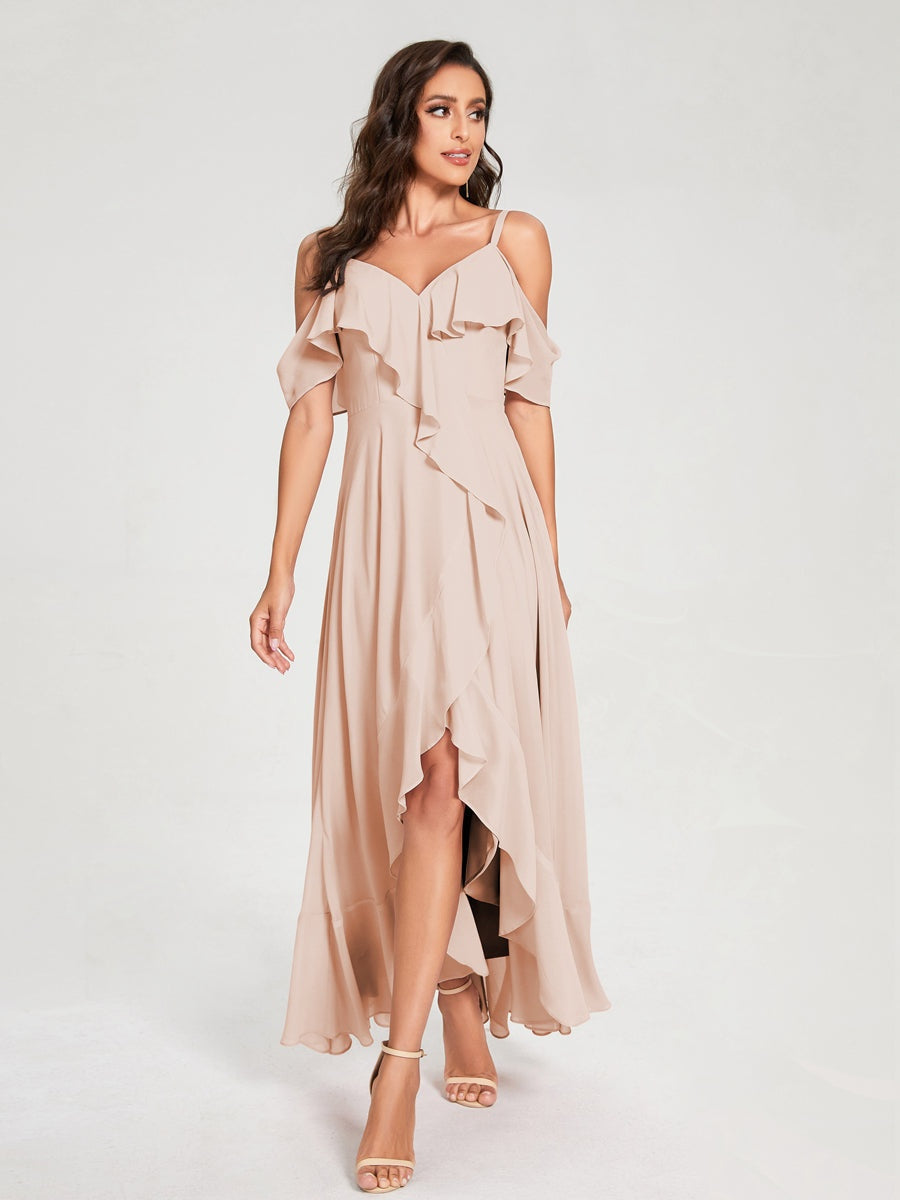 Ligne A/Princesse Bretelles Spaghetti Col en V Manches Courtes Asymétrique Bridemaid Robes avec Froufrous