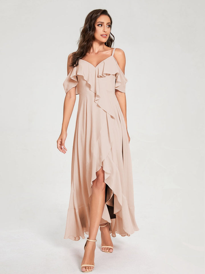 Ligne A/Princesse Bretelles Spaghetti Col en V Manches Courtes Asymétrique Bridemaid Robes avec Froufrous