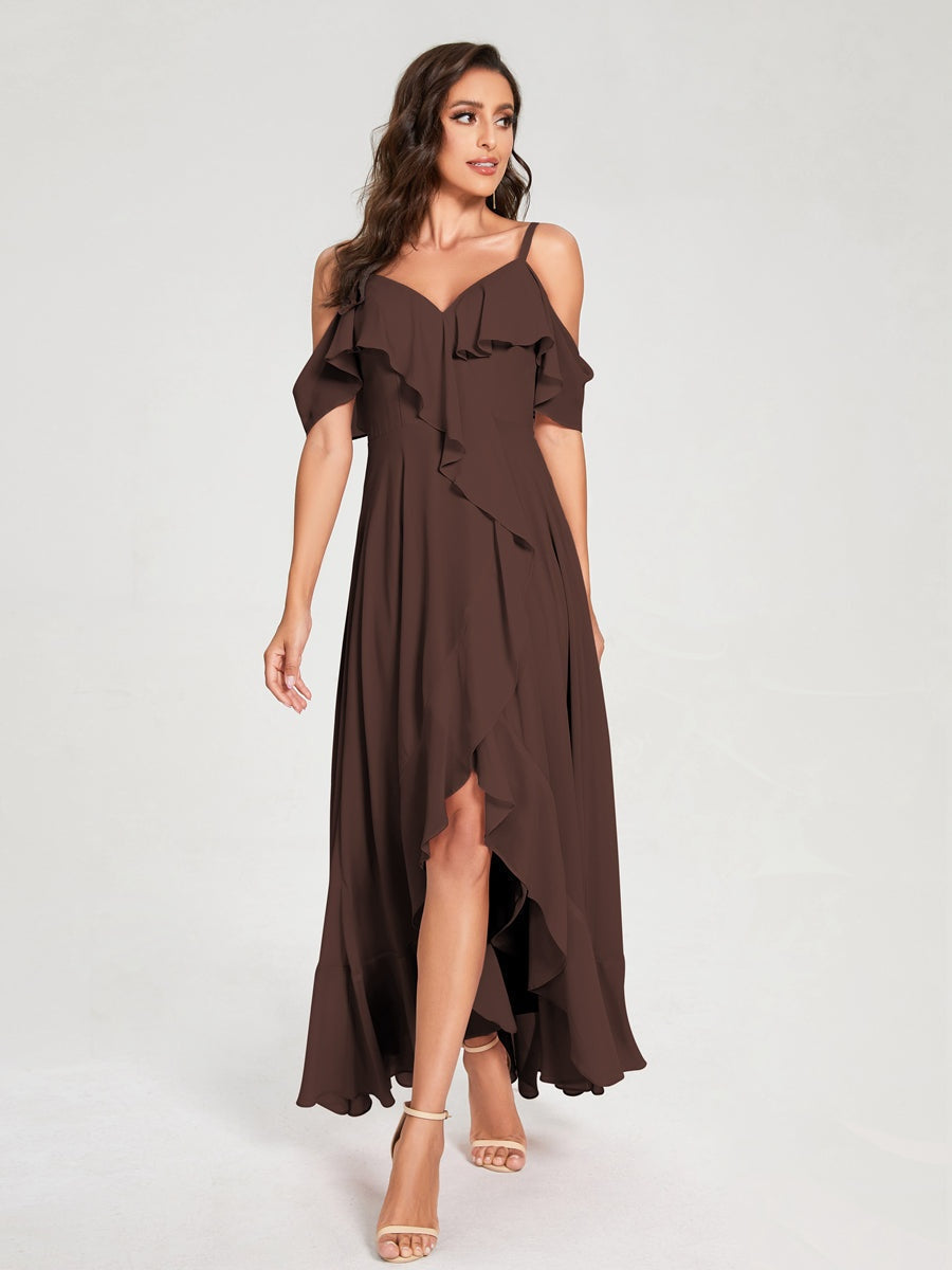 Ligne A/Princesse Bretelles Spaghetti Col en V Manches Courtes Asymétrique Bridemaid Robes avec Froufrous