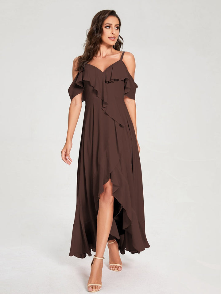 Ligne A/Princesse Bretelles Spaghetti Col en V Manches Courtes Asymétrique Bridemaid Robes avec Froufrous