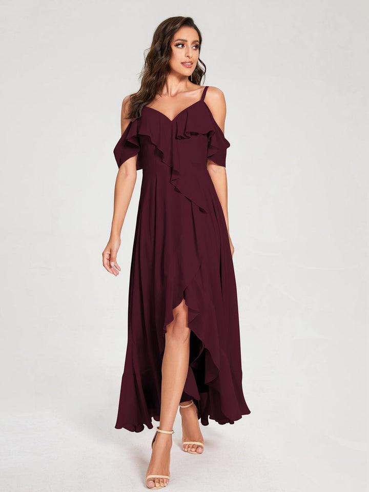 Ligne A/Princesse Bretelles Spaghetti Col en V Manches Courtes Asymétrique Bridemaid Robes avec Froufrous
