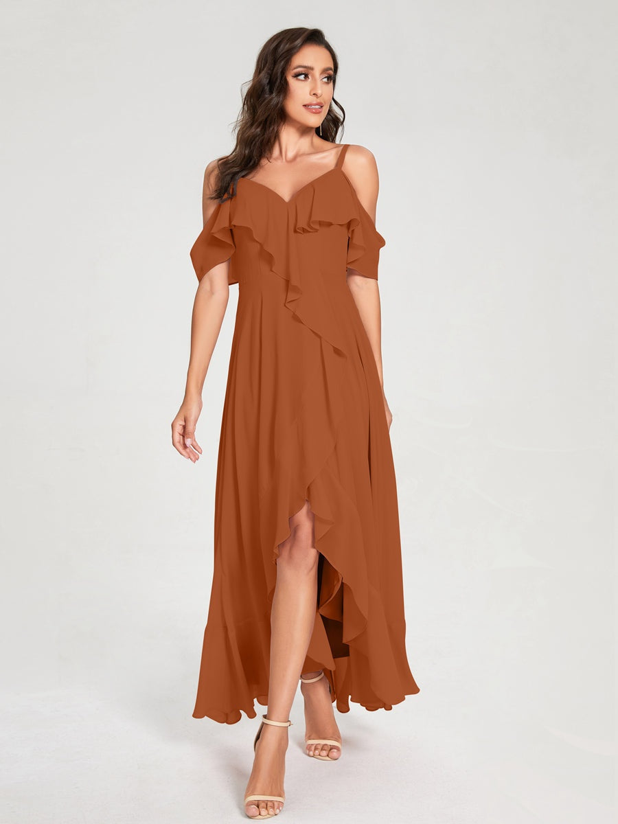 Ligne A/Princesse Bretelles Spaghetti Col en V Manches Courtes Asymétrique Bridemaid Robes avec Froufrous