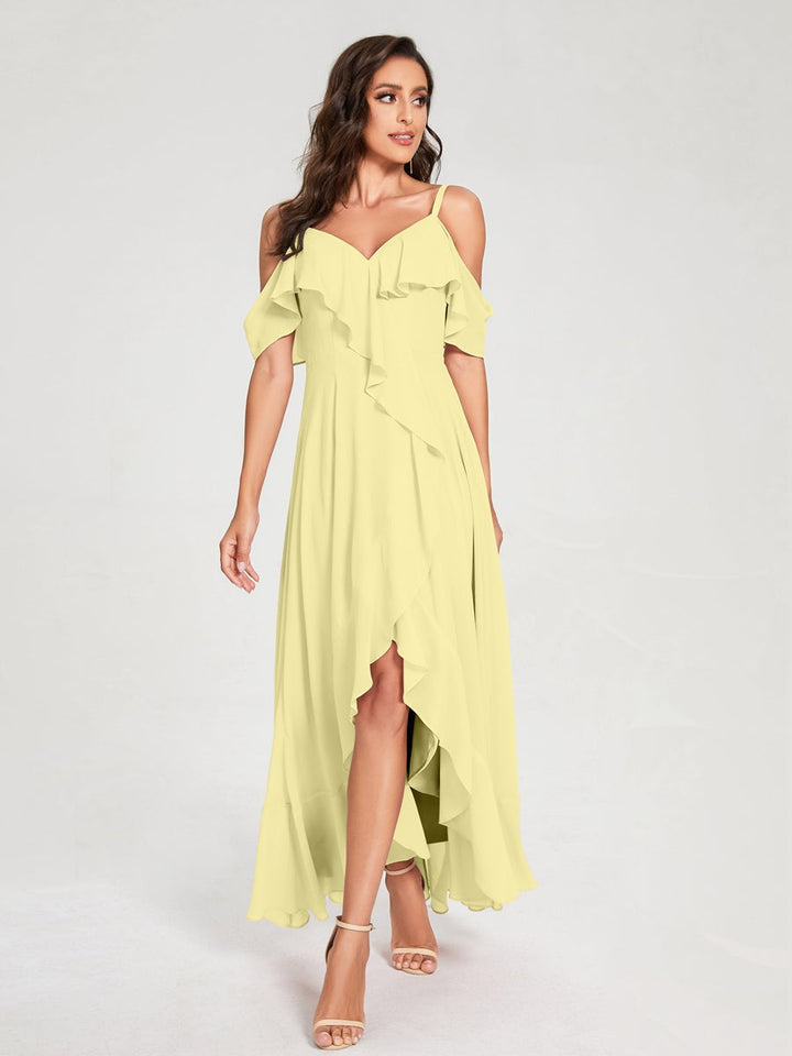 Ligne A/Princesse Bretelles Spaghetti Col en V Manches Courtes Asymétrique Bridemaid Robes avec Froufrous