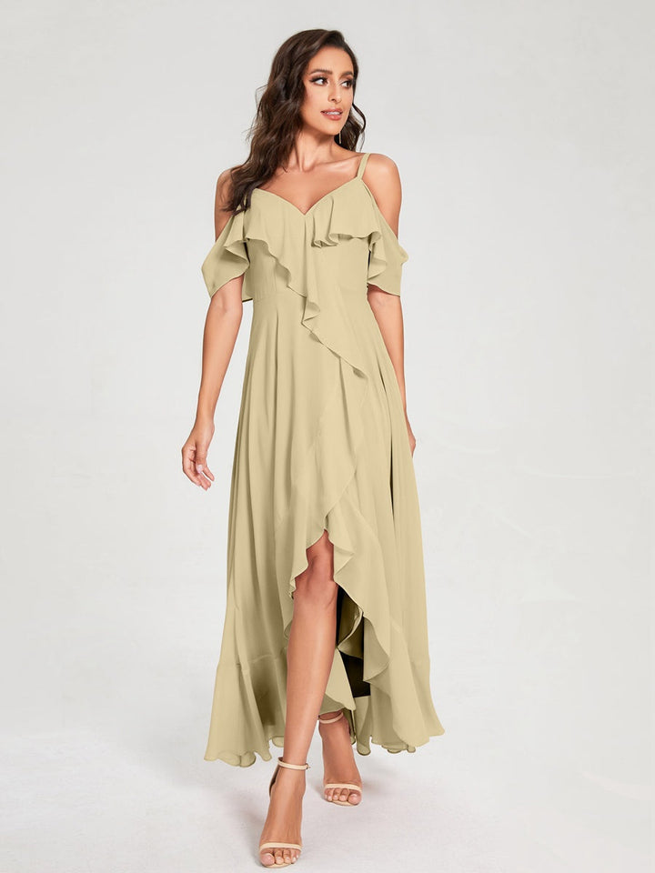Ligne A/Princesse Bretelles Spaghetti Col en V Manches Courtes Asymétrique Bridemaid Robes avec Froufrous
