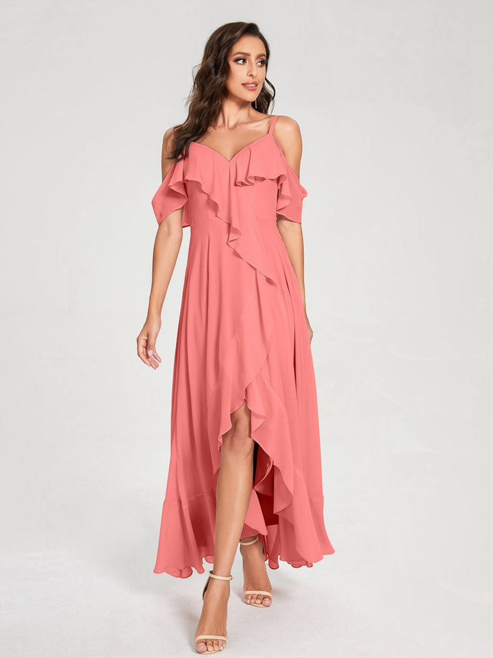 Ligne A/Princesse Bretelles Spaghetti Col en V Manches Courtes Asymétrique Bridemaid Robes avec Froufrous