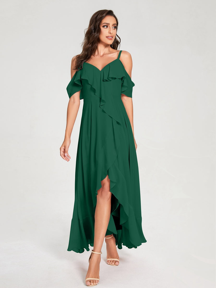 Ligne A/Princesse Bretelles Spaghetti Col en V Manches Courtes Asymétrique Bridemaid Robes avec Froufrous