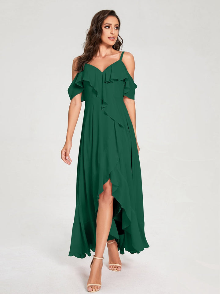 Ligne A/Princesse Bretelles Spaghetti Col en V Manches Courtes Asymétrique Bridemaid Robes avec Froufrous