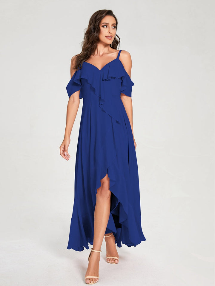 Ligne A/Princesse Bretelles Spaghetti Col en V Manches Courtes Asymétrique Bridemaid Robes avec Froufrous