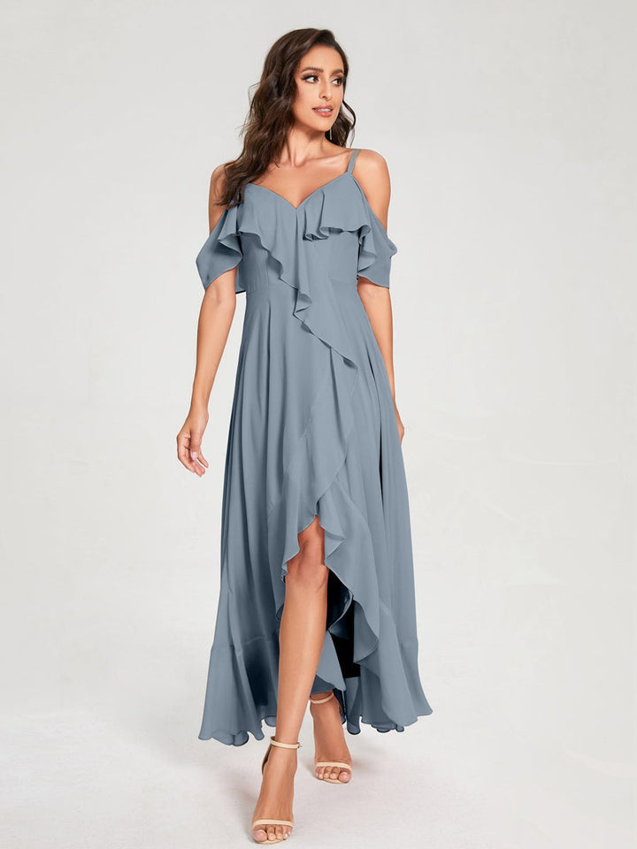 Ligne A/Princesse Bretelles Spaghetti Col en V Manches Courtes Asymétrique Bridemaid Robes avec Froufrous