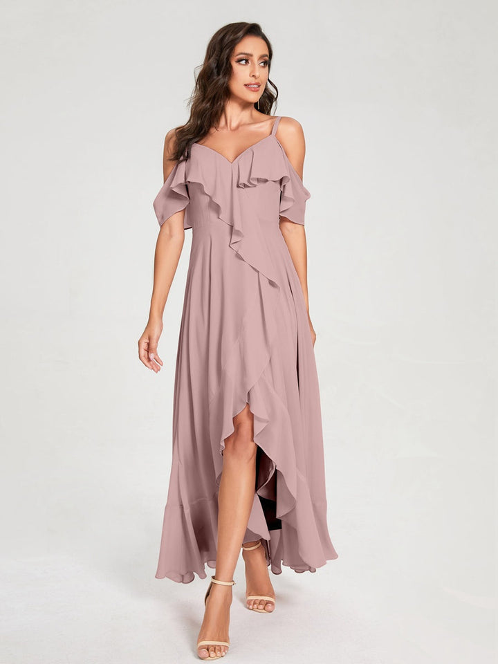 Ligne A/Princesse Bretelles Spaghetti Col en V Manches Courtes Asymétrique Bridemaid Robes avec Froufrous