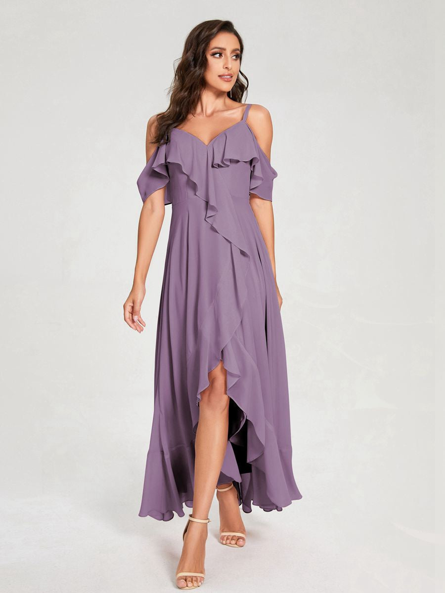 Ligne A/Princesse Bretelles Spaghetti Col en V Manches Courtes Asymétrique Bridemaid Robes avec Froufrous