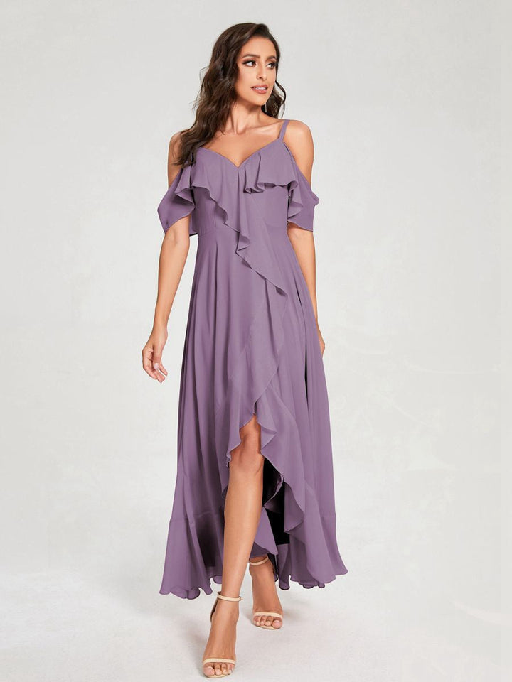 Ligne A/Princesse Bretelles Spaghetti Col en V Manches Courtes Asymétrique Bridemaid Robes avec Froufrous