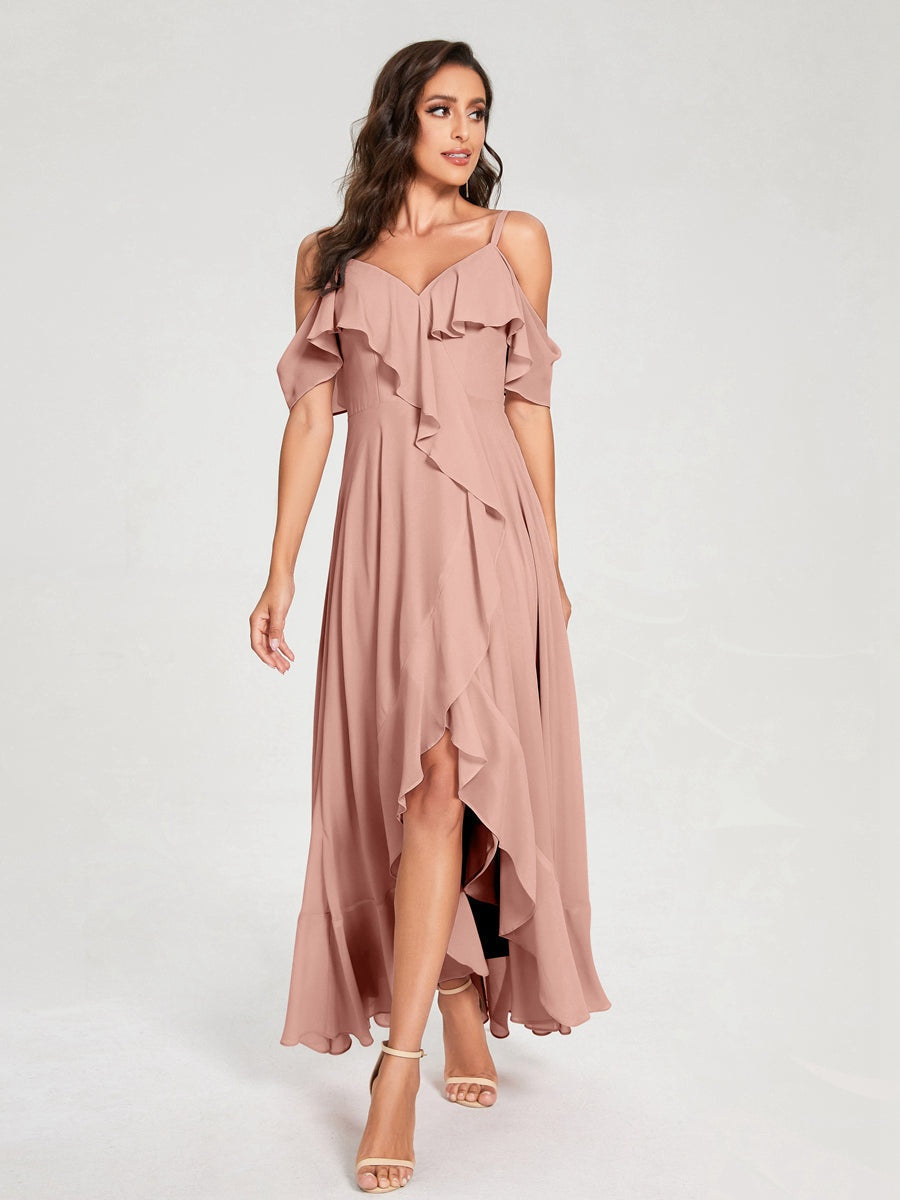 Ligne A/Princesse Bretelles Spaghetti Col en V Manches Courtes Asymétrique Bridemaid Robes avec Froufrous