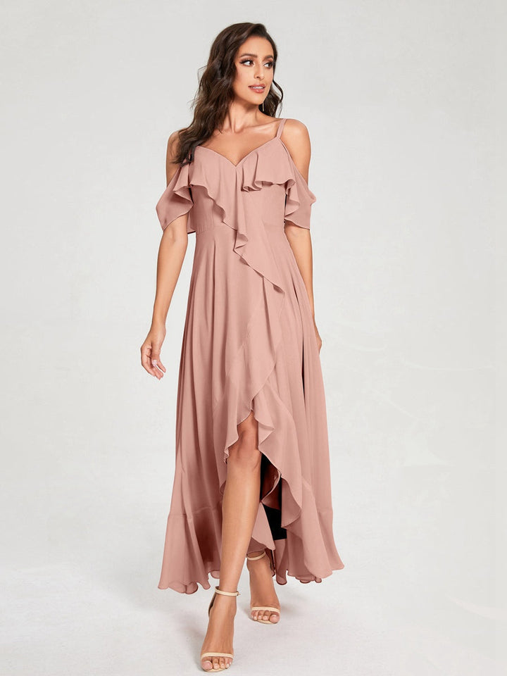 Ligne A/Princesse Bretelles Spaghetti Col en V Manches Courtes Asymétrique Bridemaid Robes avec Froufrous