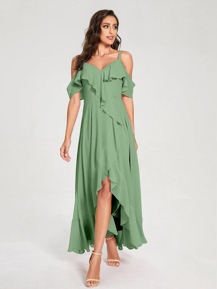Ligne A/Princesse Bretelles Spaghetti Col en V Manches Courtes Asymétrique Bridemaid Robes avec Froufrous
