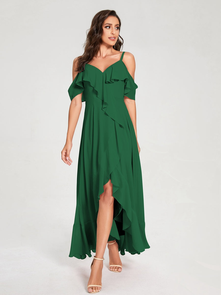 Ligne A/Princesse Bretelles Spaghetti Col en V Manches Courtes Asymétrique Bridemaid Robes avec Froufrous