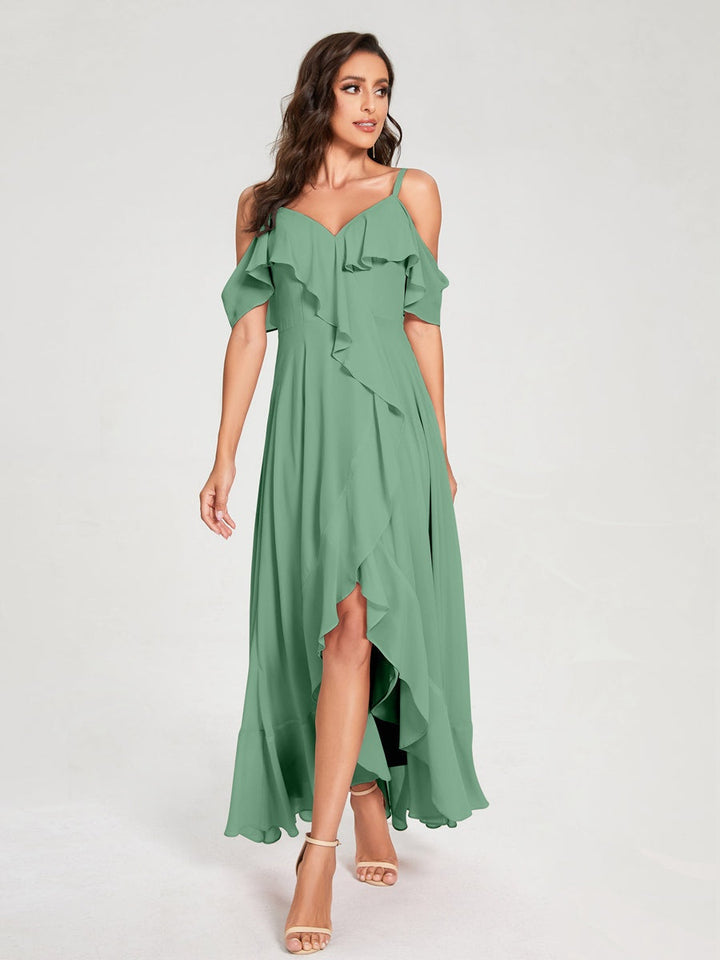 Ligne A/Princesse Bretelles Spaghetti Col en V Manches Courtes Asymétrique Bridemaid Robes avec Froufrous