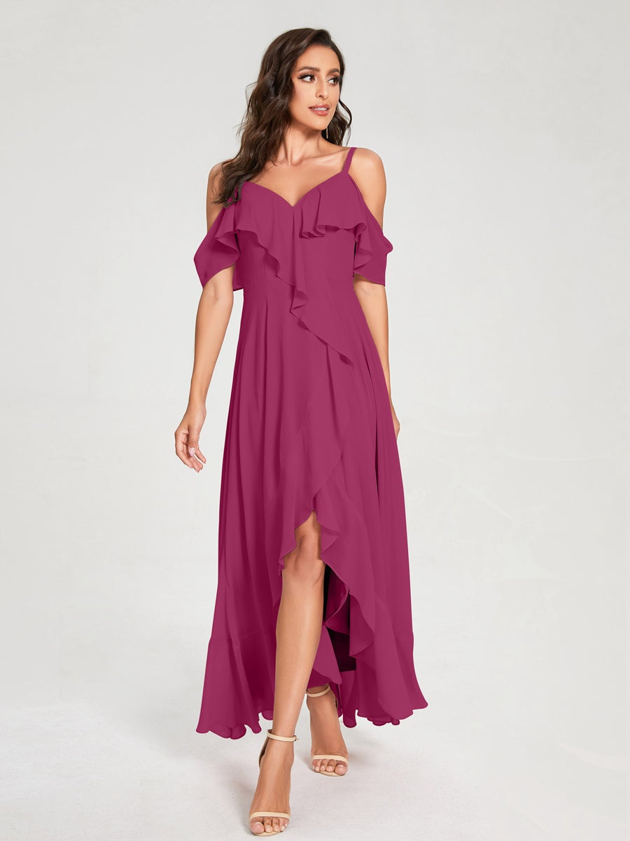 Ligne A/Princesse Bretelles Spaghetti Col en V Manches Courtes Asymétrique Bridemaid Robes avec Froufrous
