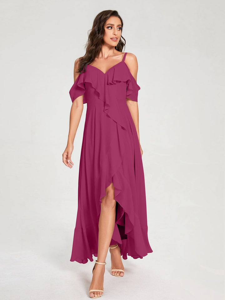 Ligne A/Princesse Bretelles Spaghetti Col en V Manches Courtes Asymétrique Bridemaid Robes avec Froufrous