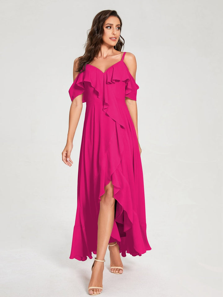 Ligne A/Princesse Bretelles Spaghetti Col en V Manches Courtes Asymétrique Bridemaid Robes avec Froufrous