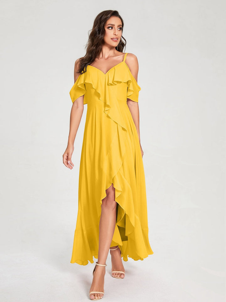 Ligne A/Princesse Bretelles Spaghetti Col en V Manches Courtes Asymétrique Bridemaid Robes avec Froufrous