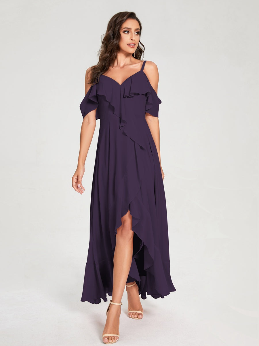 Ligne A/Princesse Bretelles Spaghetti Col en V Manches Courtes Asymétrique Bridemaid Robes avec Froufrous
